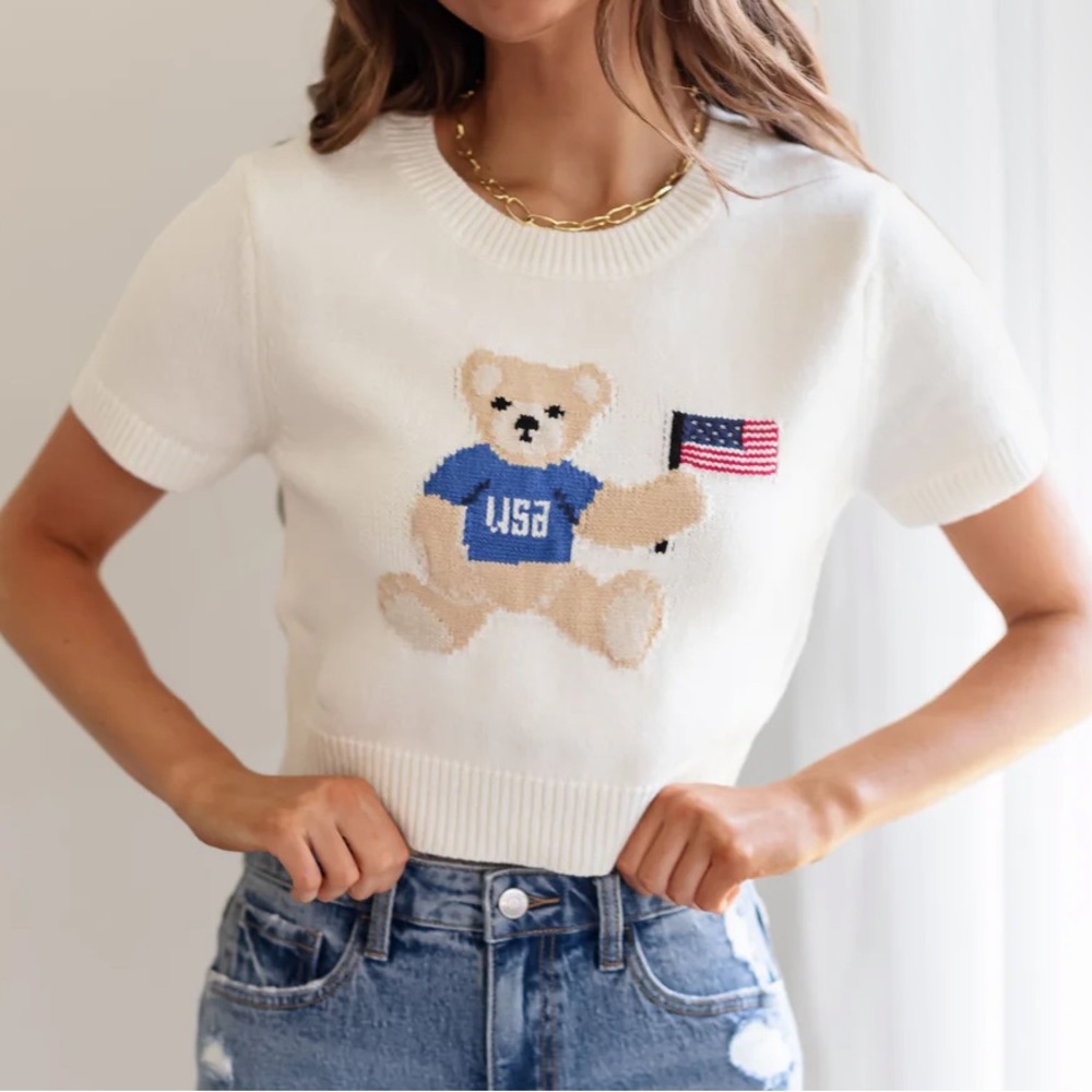 White Teddy Bear USA sweater